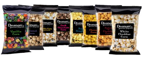 Deanan popcorn - With our PreMixed Singles case you get 30 Caramel, 30 Vanilla, 20 Kettle Corn and 20 Dark Chocolate (1.5-1.8 oz. ea.). Shelf life - 10 months. A smaller version of our Full Size packet sweet flavors, the Sweet Singles are the perfect snack size. Each case contains 100 original, single-sized packets, which you sell at the price you set.